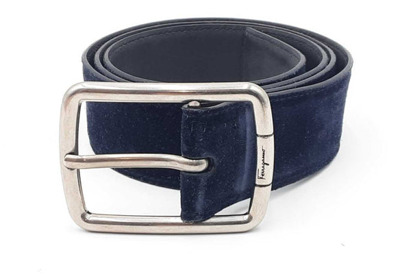 Salvatore Ferragamo Navy Blue Suede Belt With Silver Tone Buckle Eb0624rxdu