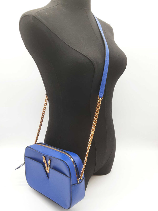 Versace Virtus Camera Blue Grainy Leather Chain Crossbody Bag Do0625wrxde