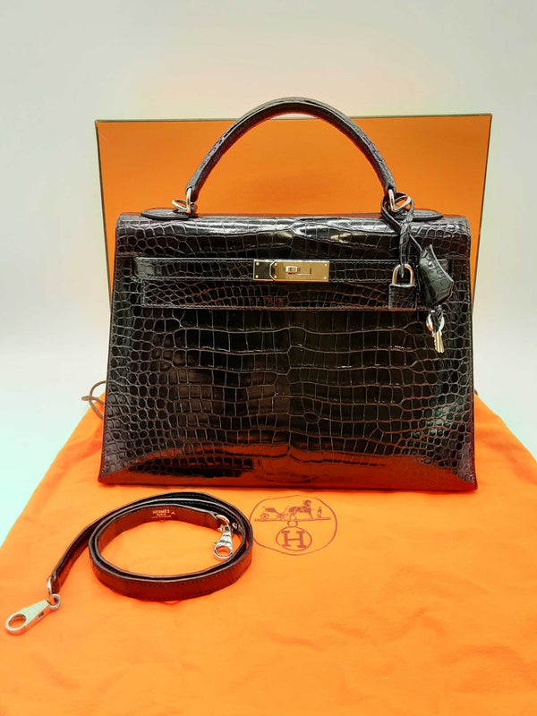 Hermes Kelly 32 Noir Black Shiny Croc Palladium Hardware Shoulder Bag Do0125orxzxde