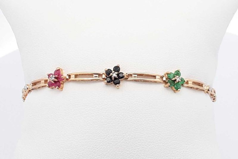 Ruby, Saphire & Emerald Flower Bracelet 10k Yellow Gold 3.9g 7 Inch Eb1124rxdu