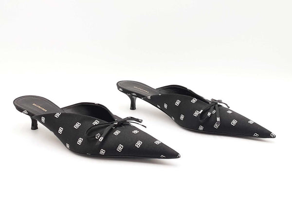 靴 Balenciaga knife mule satin Black 37 Balenciaga Knife Kitten-heel Mules In Logo-print Black Satin Size
