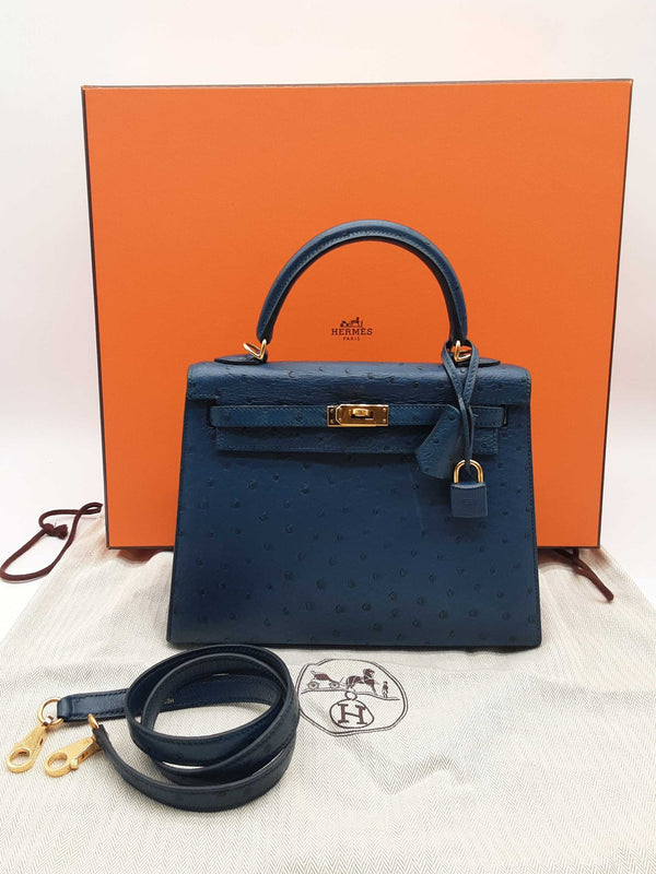 Hermes Kelly 25 Bleu Roi Blue Ostrich Gold Hardware Shoulder Bag Do0723oerxzde