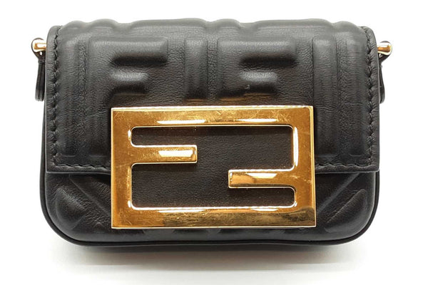 Fendi Ff Embossed Black Leather Nano Baguette Charm Bag Eb1125wxzde