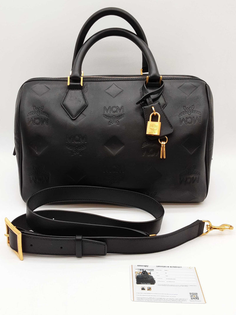 Mcm Ella Maxi Monogram Embossed Black Leather Boston Crossbody Bag Do0925ixzde