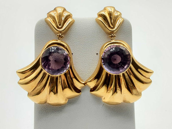 18k Yellow Gold 14.0g Synthetic Amethyst Scallop Earrings Do1224eorde