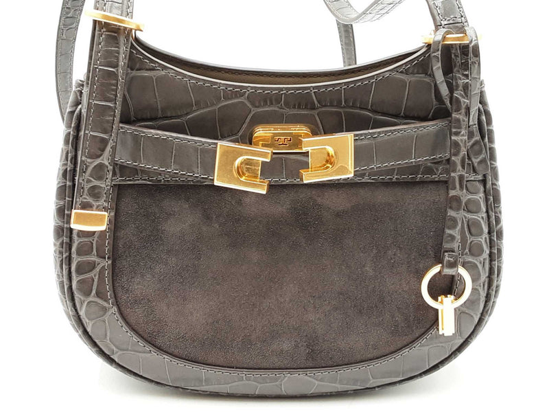Tory Burch Lee Radziwill Croc-embossed Gray Leather Saddle Bag Fw0225pzdu