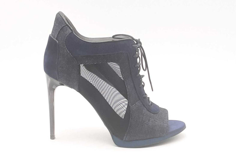 Burberry Denim & Navy Blue Sude Peep Toe Lace Up Heel Booties Size 36 Eb325lxzsa