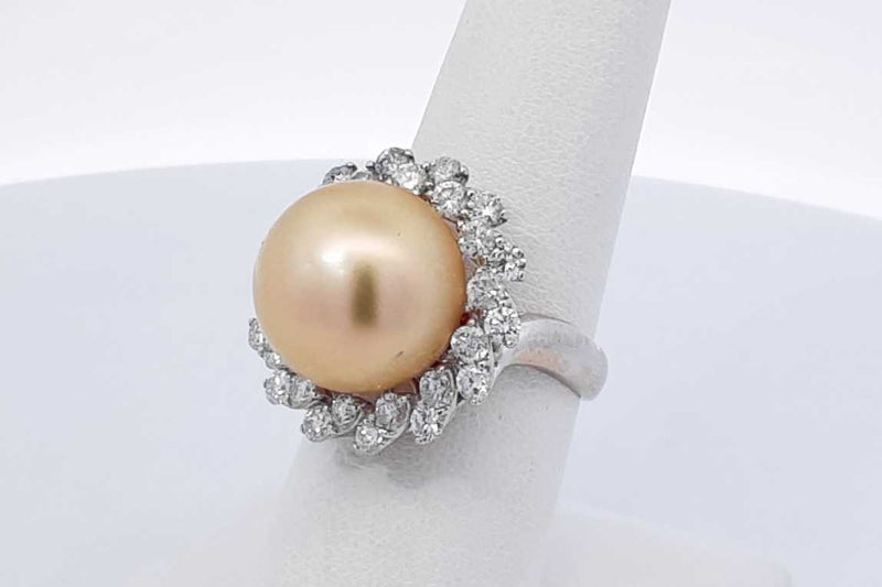 Faux Golden Pearl & Diamond Ring In 18k White Gold 8 Grams Size 7 Eb1025llxzdu