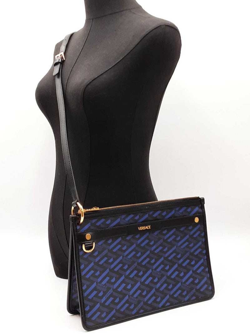 Versace La Greca Signature Coated Canvas Black & Blue Crossbody Bag Fw0725ozxdu