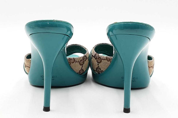 Gucci Gg Monogram Canvas & Turquoise Heels Size 9 Eb1225exdu