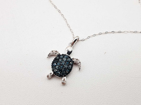 White Blue Diamonds 18k White Gold 1.8g Sea Turtle Necklace 17 In Do0825erde