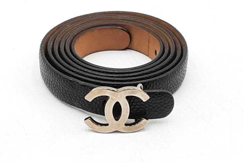 Chanel Black Leather Belt With Silver Tone Interlocking Cc Buckle Eb1025wrxdu