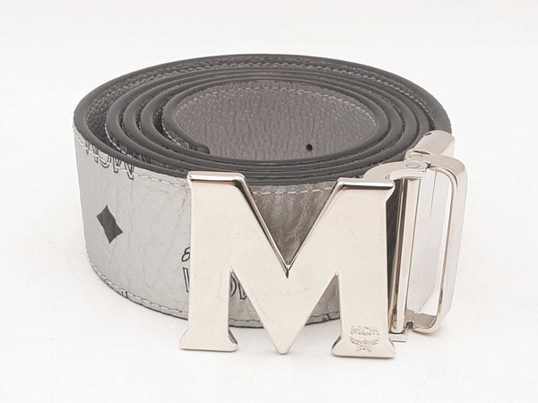 Mcm Claus Logo Misty Gray Reversible Monogram Belt Sd0725lzxsa