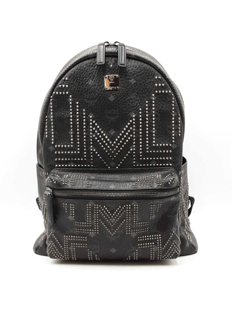 black leather studded backpack purse MCM Black Coated Canvas Studded Medium Backpack