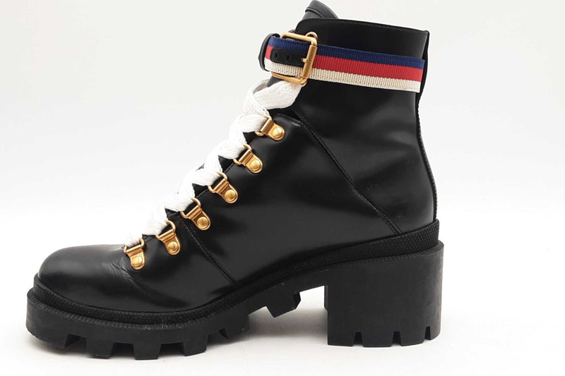 Gucci Sylvie Web Accent Black Patent Leather Combat Boots Size 38.5 Eb0825lxzsa