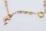 14k Tricolor Gold Bracelet With Dolphin & Heart Charms 3.8g 9 Inch Eb1125oxzsa