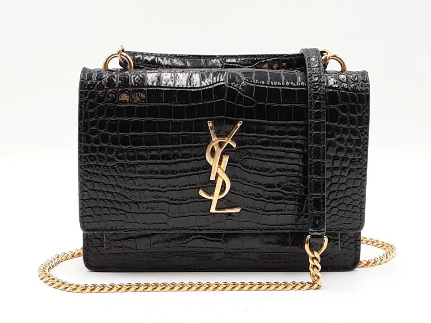 Yves Saint Laurent Sunset Wallet With Chain In Croc-embossed