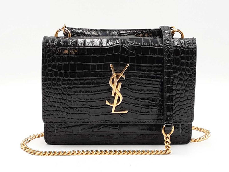 Yves Saint Laurent Sunset Wallet With Chain In Croc-embossed