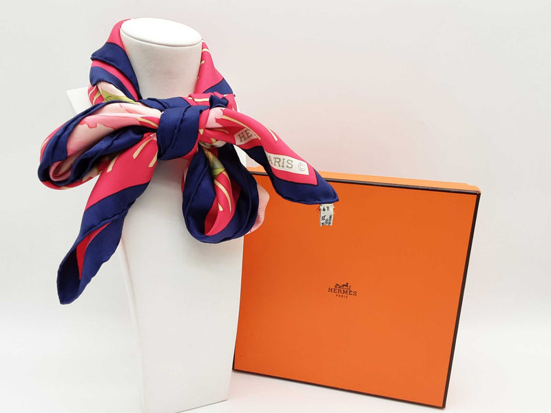 Hermes Les Pivoines Peonies Pink Blue Flower Silk Scarf