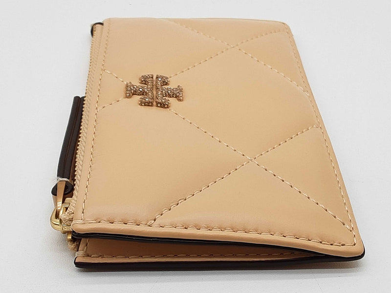 Tory Burch Kira Beige Diamond Quilted Pave Logo Zip Card Case Do0525wrde