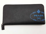 Prada Blue Logo Black Saffiano Leather Zip Wallet Do1025orxde