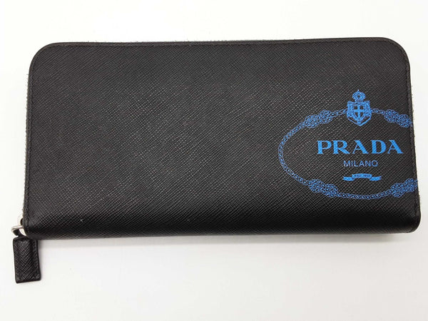 Prada Blue Logo Black Saffiano Leather Zip Wallet Do1025orxde