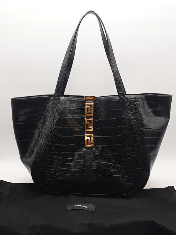 Versace Large Greca Croc Embosed Black Handbag Aa0925rzxsa