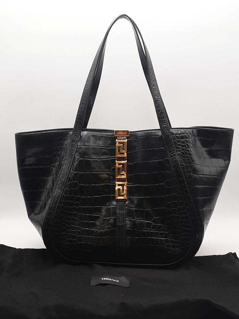 Versace Large Greca Croc Embosed Black Handbag Aa0925rzxsa