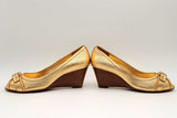 Tory Burch Textured Gold Leather Peep Toe Wedges Size 8.5 Eb0624oxsa