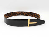Tom Ford Reversible Leopard Print & Black Leather Belt With T Buckle Fw0825rzdu