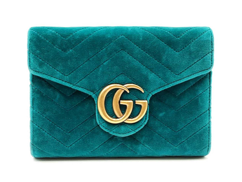 Gucci Gg Marmont Matelassé Chain Wallet In Pavone Cyan Velvet Fw0725wrzdu