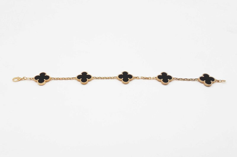 Van Cleef & Arpels 5-motif Onyx Alhambra Bracelet In 18k Yellow Gold 11.6 Grams 7 Inch Fw1025lrzxdu