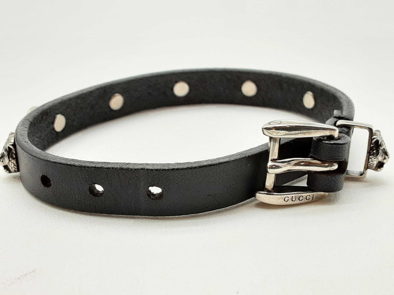 Gucci Feline Studded Black Leather Bracelet 6.75 In Do1224crde