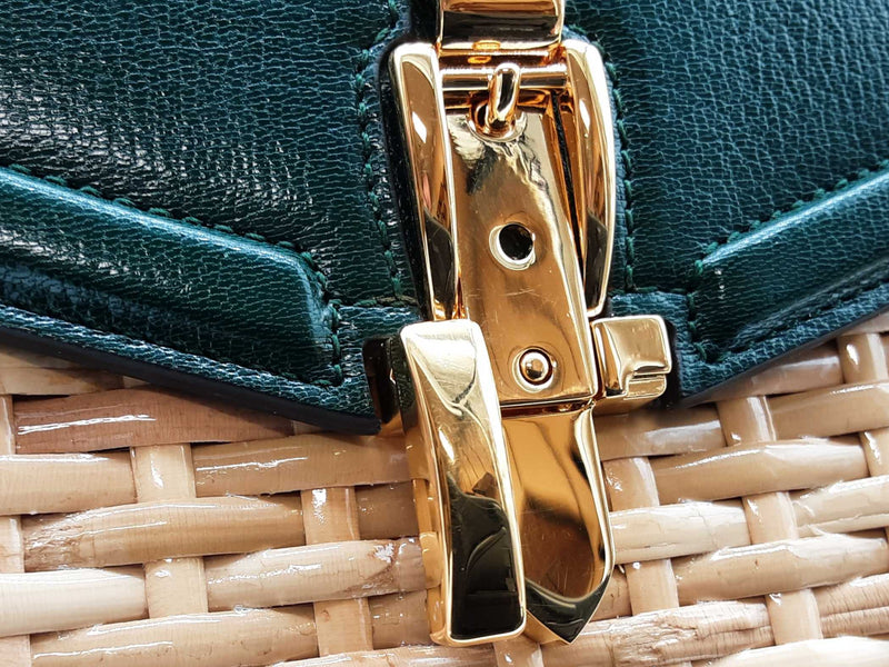 Gucci Sylvie Green Leather Tan Wicker Handbag Do0225exzde