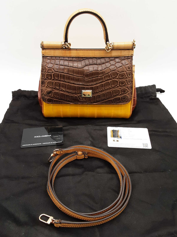 Dolce & Gabbana Sicily Brown Crocodile Yellow Eel Leather Crossbody Bag Do0325irxde