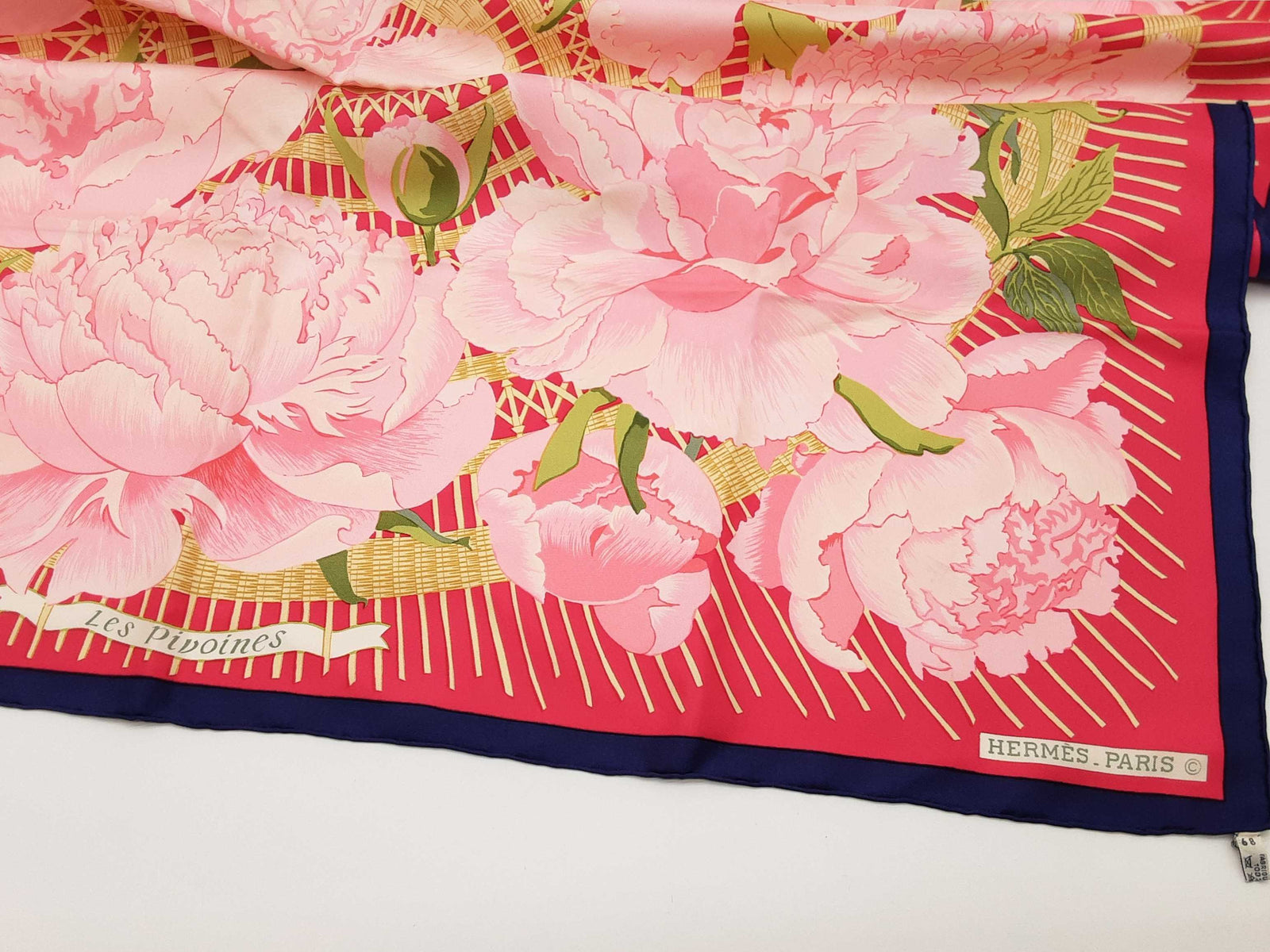 Hermes Les Pivoines Peonies Pink Blue Flower Silk Scarf