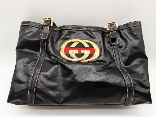 Gucci 162094 Britt Gg Web Black Patent Leather Tote Bag Do0425oxzde
