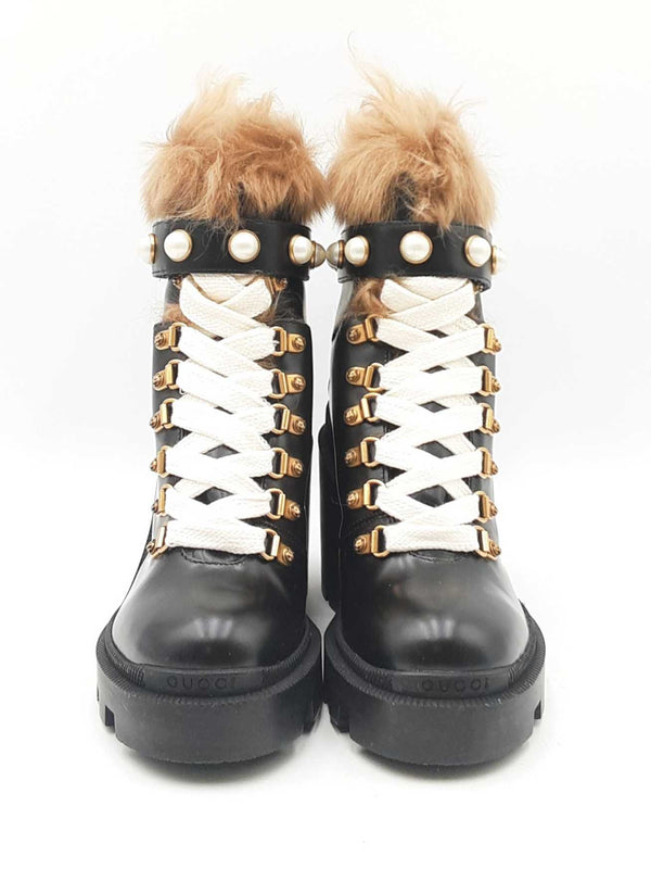 Gucci Magnum Fur & Faux Pearl Boots In Black Leather Size Eu 35 Fw0825exdu