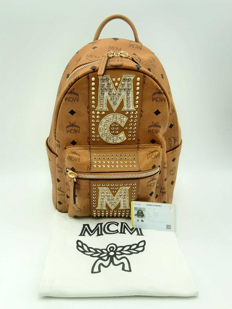 Mcm Small Stark Stripe Crystal Backpack In Visetos Cognac Fw1224oxzsa