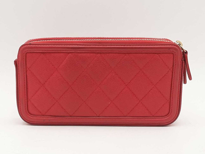Chanel Cc Filigree Caviar Double Zip Clutch With Chain Red Aa0225rxzsa