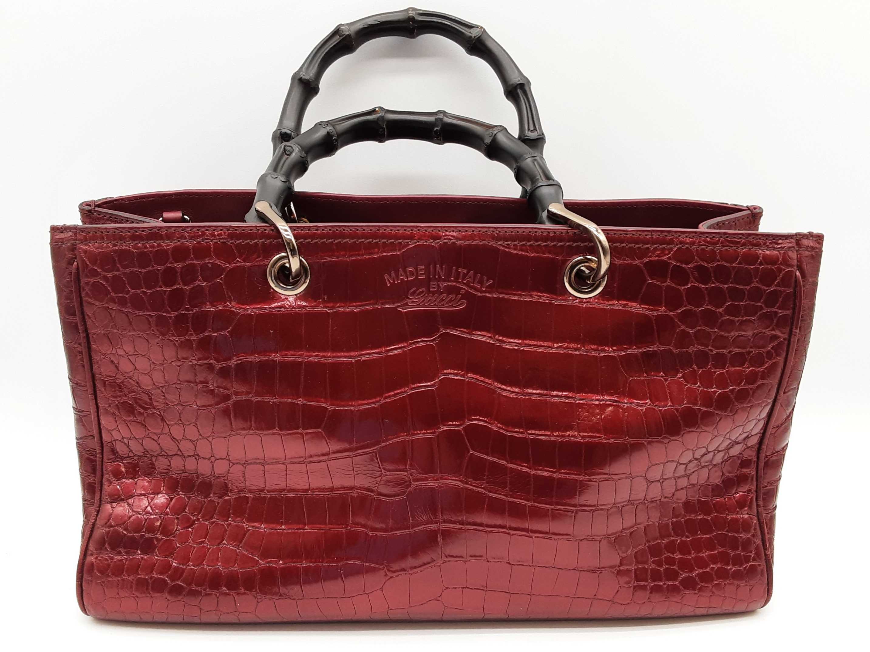 Gucci 323660 Burgandy Red Alligator Leather Bamboo Shopper Tote