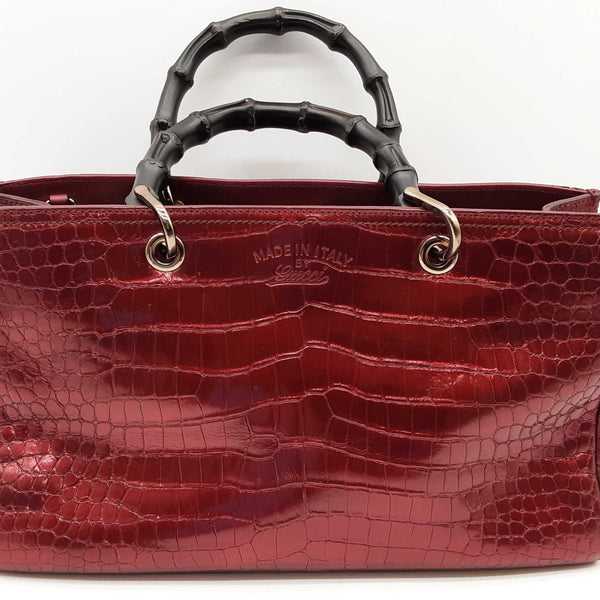 GUCCI バッグ Gucci 323660 Burgandy Red Alligator Leather Bamboo Shopper Tote