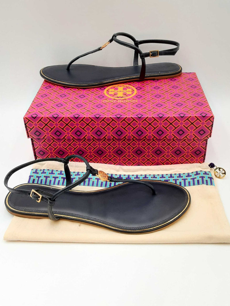 Tory Burch Navy Blue Leather Emmy Flat Sandals Size 11 Eb0724ordu