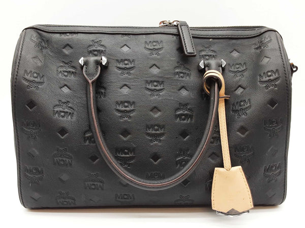Mcm Ottomar Essential Black Logo Embossed Leather Boston Bag Do0825orxde