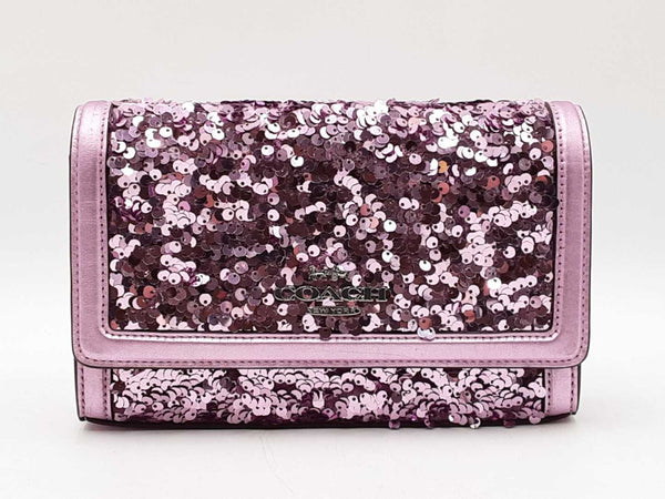 Coach Small Flap Clutch In Lilac Metallic Leather & Sequins Fw1125