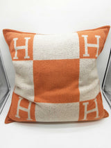 Hermes Avalon 70 Potiron Orange Ecru Beige Wool Large Throw Pillow Do0326rorde