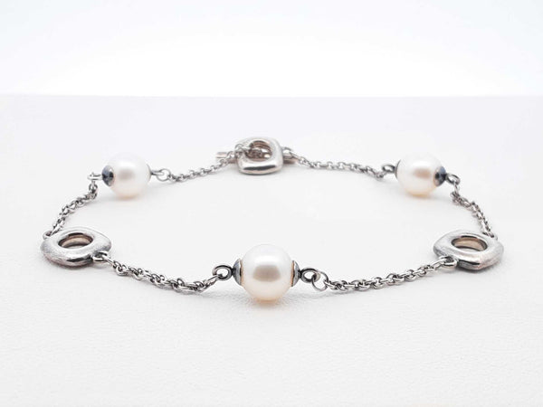 Tiffany & Co. Sterling Silver & Pearl Station Toggle Bracelet 7 Inch Fw0725wxdu
