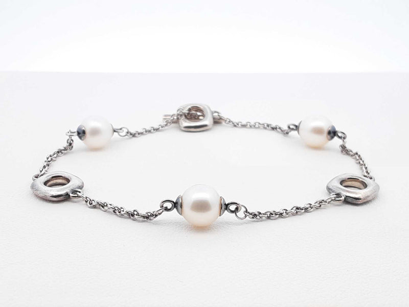 Tiffany & Co. Sterling Silver & Pearl Station Toggle Bracelet 7 Inch Fw0725wxdu