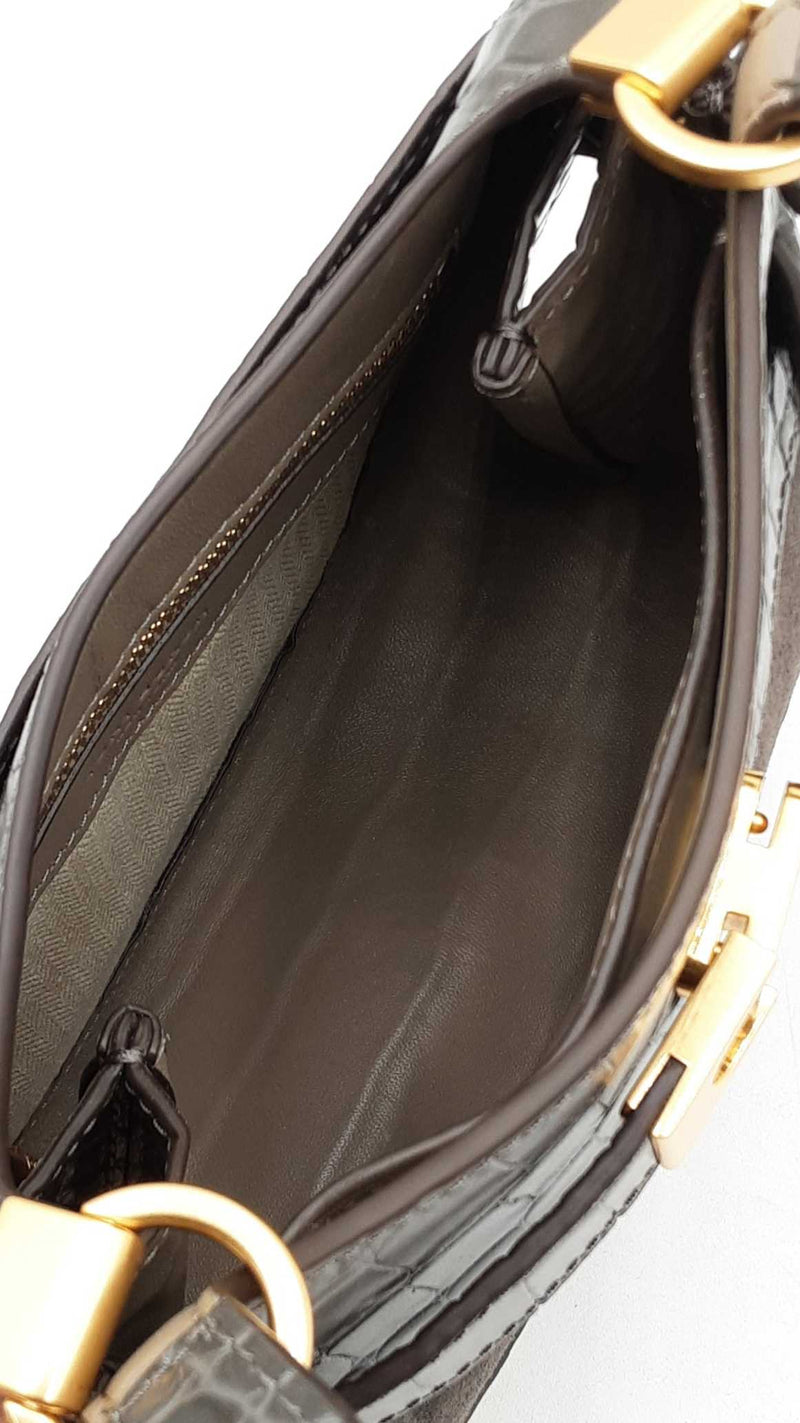 Tory Burch Lee Radziwill Croc-embossed Gray Leather Saddle Bag Fw0225pzdu