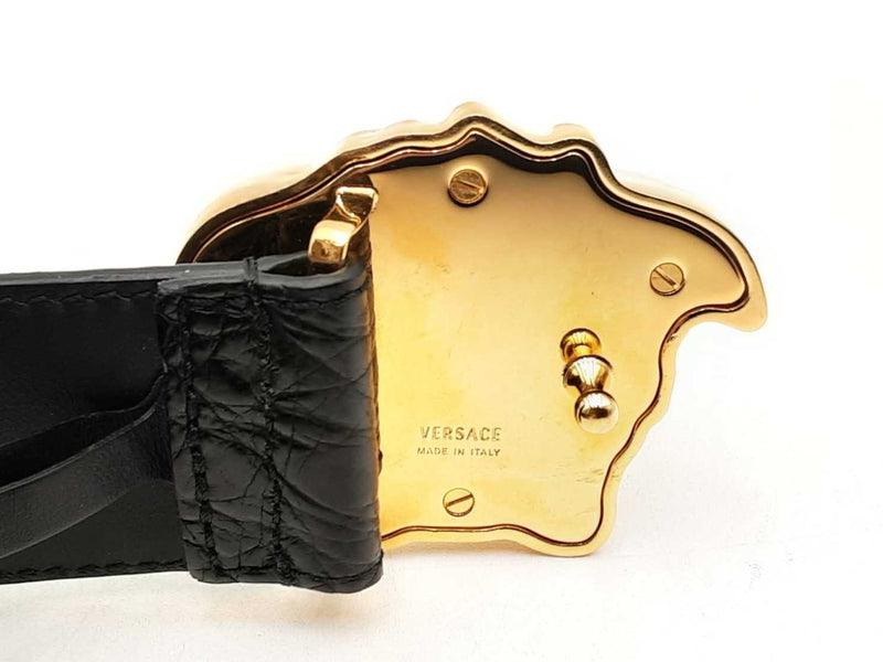 Versace La Medusa Croc-embossed Black Leather Belt & Gold-tone Buckle Fwlxzsa